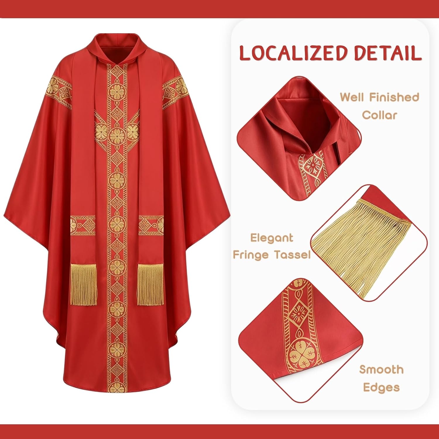 Red Catholic Chasuble, Priest Vestment with Stole, Round Collar Clergy Robes for Men, Church Mass Priest Costume for
