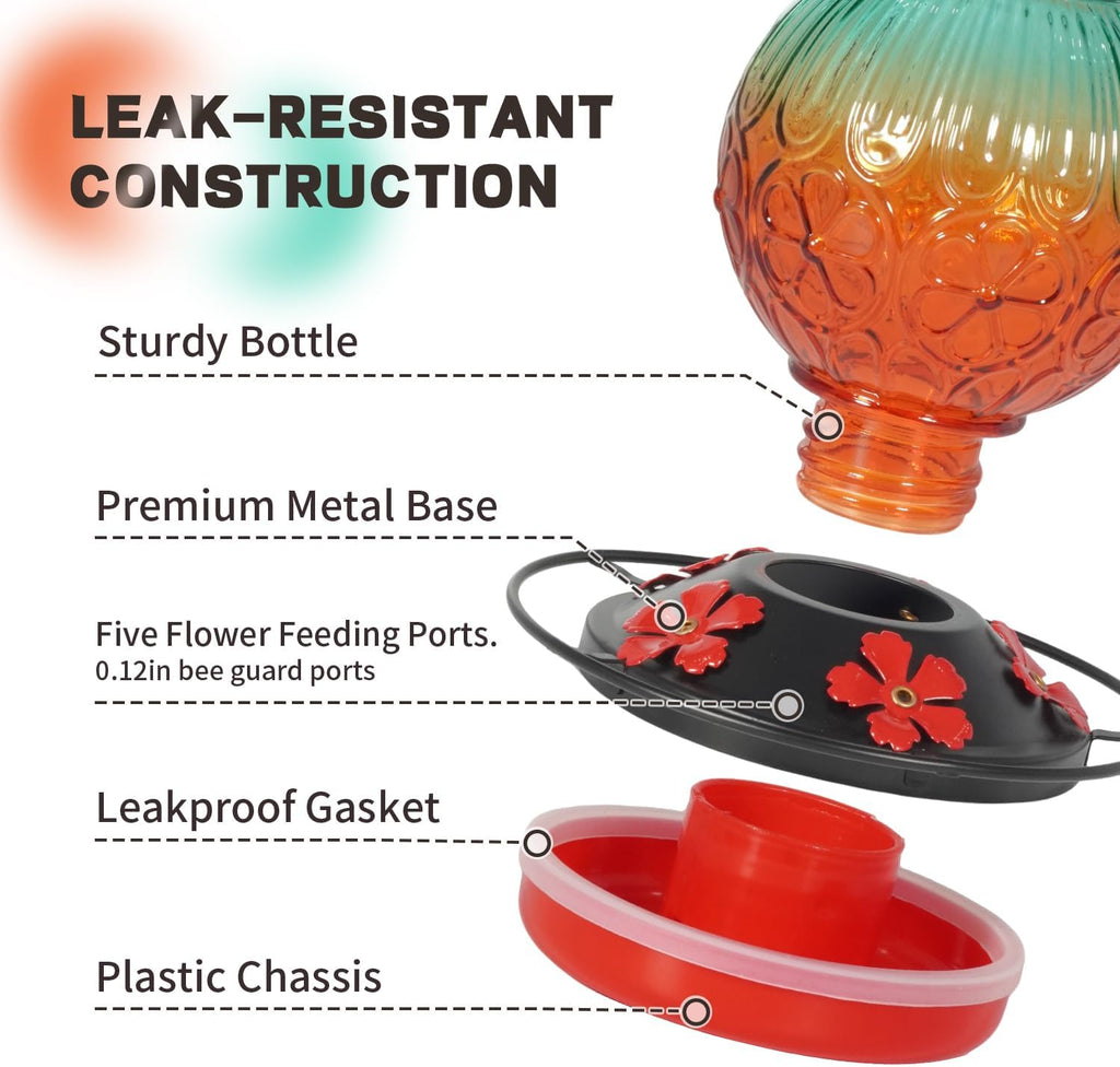 Glass Hummingbird Feeders for Outdoors Hanging, 23Oz Humming Bird Nectar Feeders with Perch, 5 Flower Feeding Ports