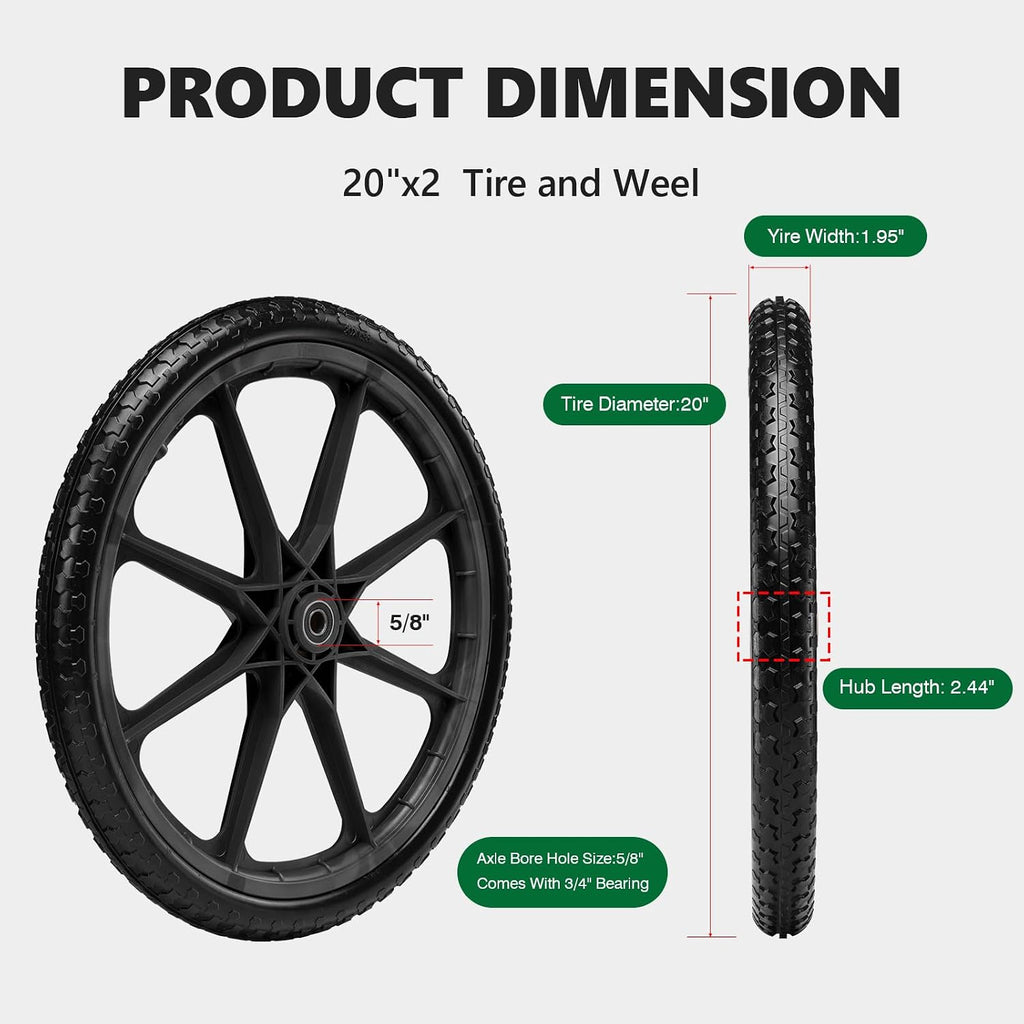 20" Flat Free Tire and Wheel with 3/4" & 5/8" Bearing, Replacement Wheels for Rubbermaid Wheelbarrow,Lawn Carts, Big