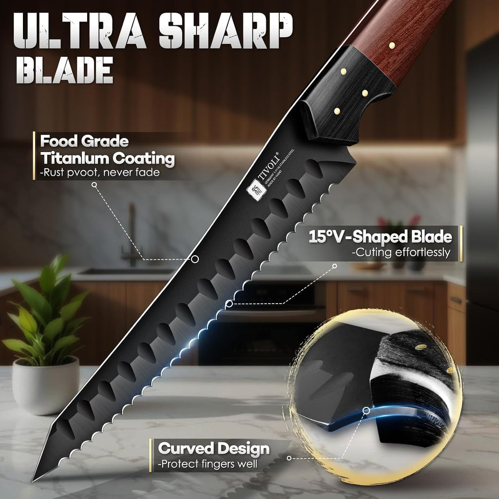 Serrated Bread Knife 8-inch - Black Bread Knife for Homemade Breads