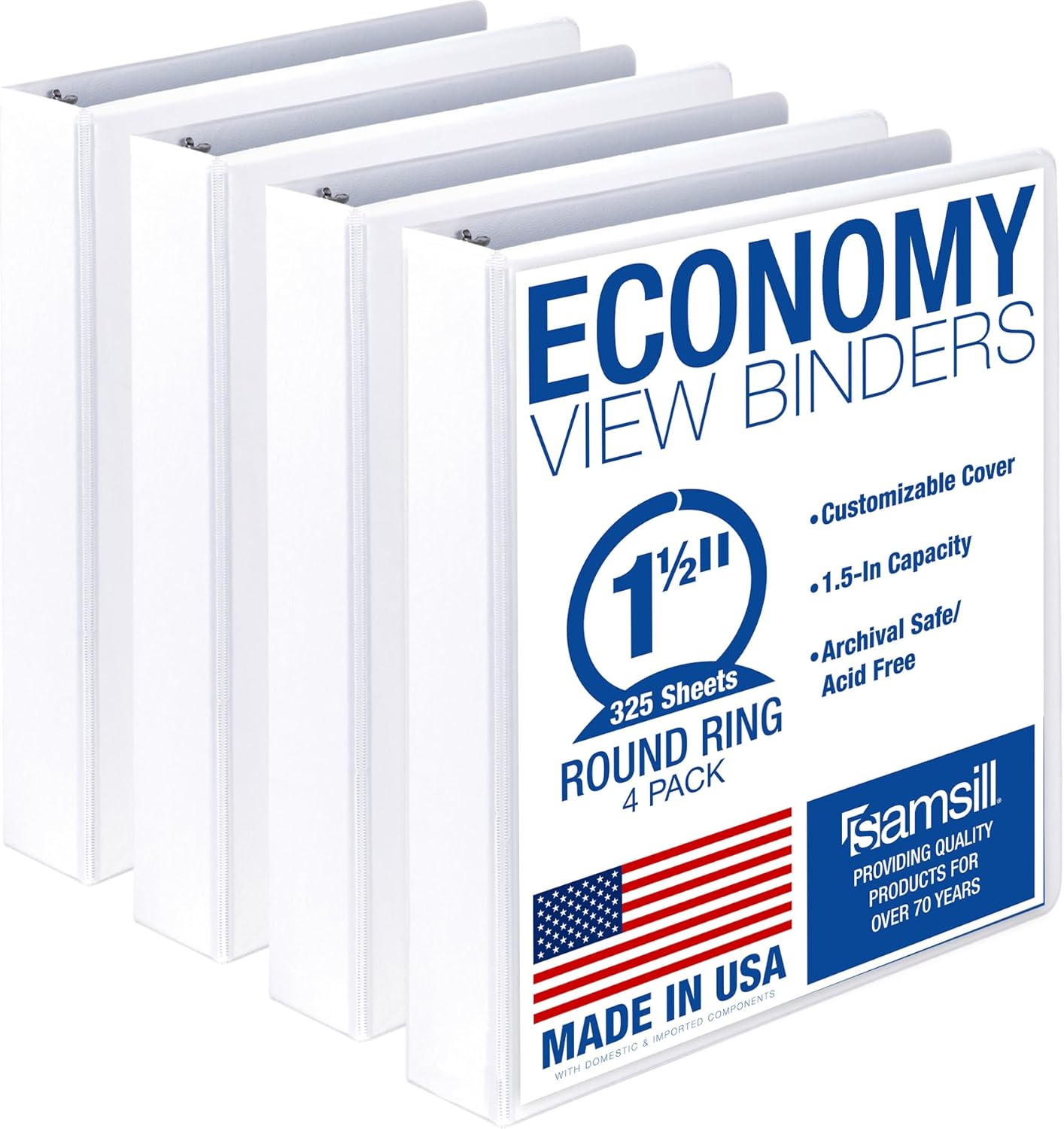 1.5 Inch 3 Ring Binders, Economy Round Ring, Clear View Cover, 325 Sheet Capacity - for School, Home, Office - White