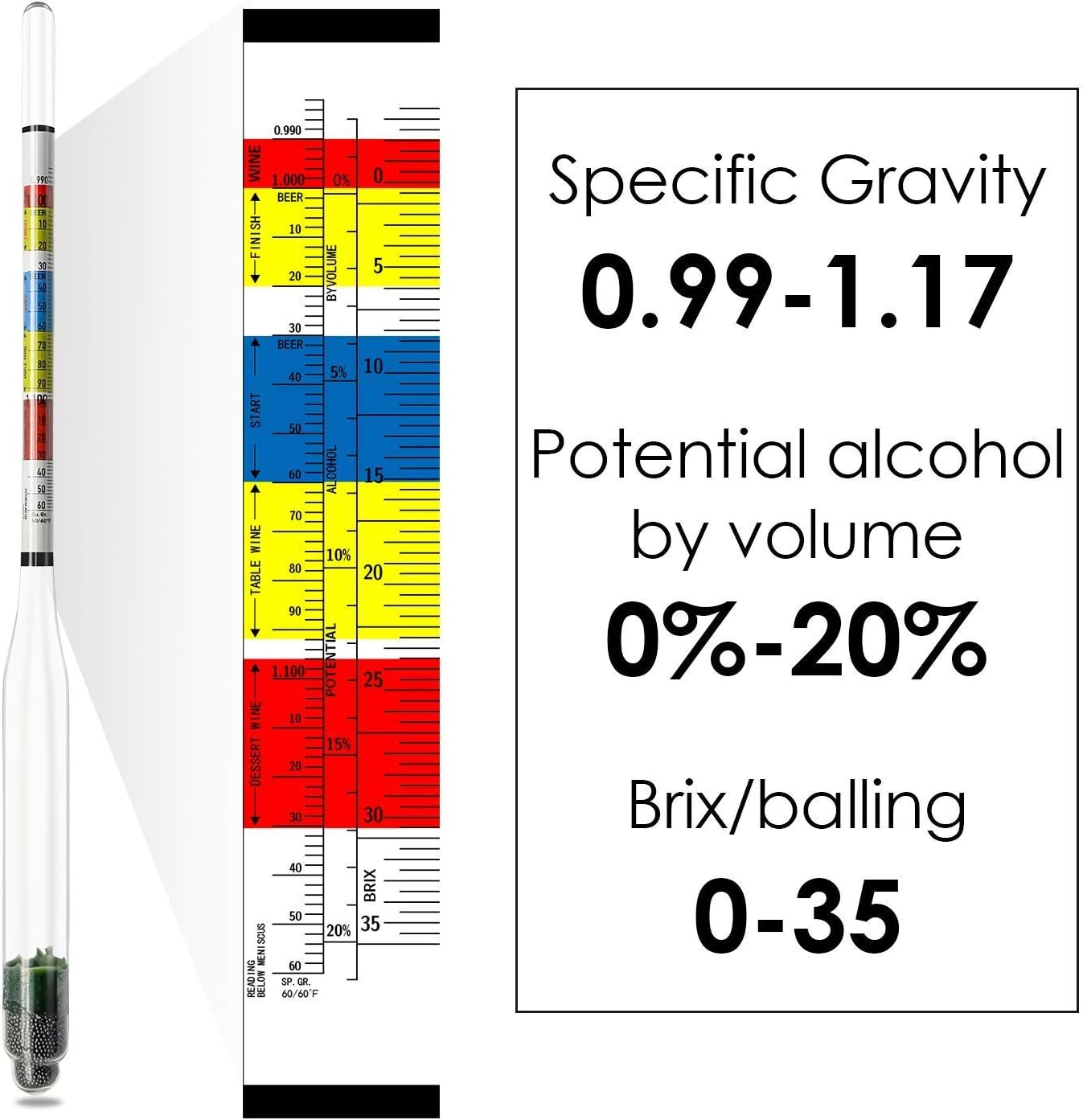Hydrometer and Test Jar for Wine, Beer and Kombucha - Including 250ml Plastic Cylinder, Cleaning Brush and ABV