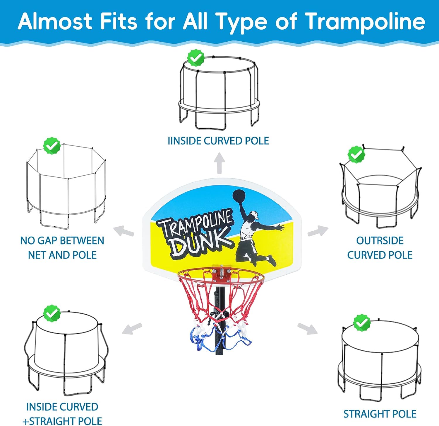 Trampoline Basketball Hoop, Universal Trampoline Accessories, Fits Straight Pole & Curved Pole, Upgraded Basketball