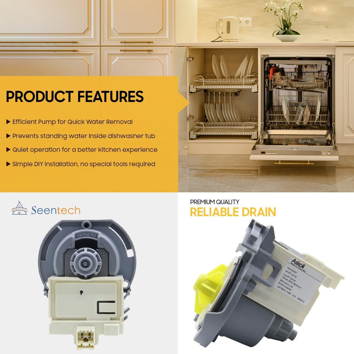 Seentech W10876537 Dishwasher Drain Pump - Compatible With Whirlpool, May-tag, Ken-more Kitchen-Aid Dishwasher – Repalces AP6004843, W10724439, W10876537VP