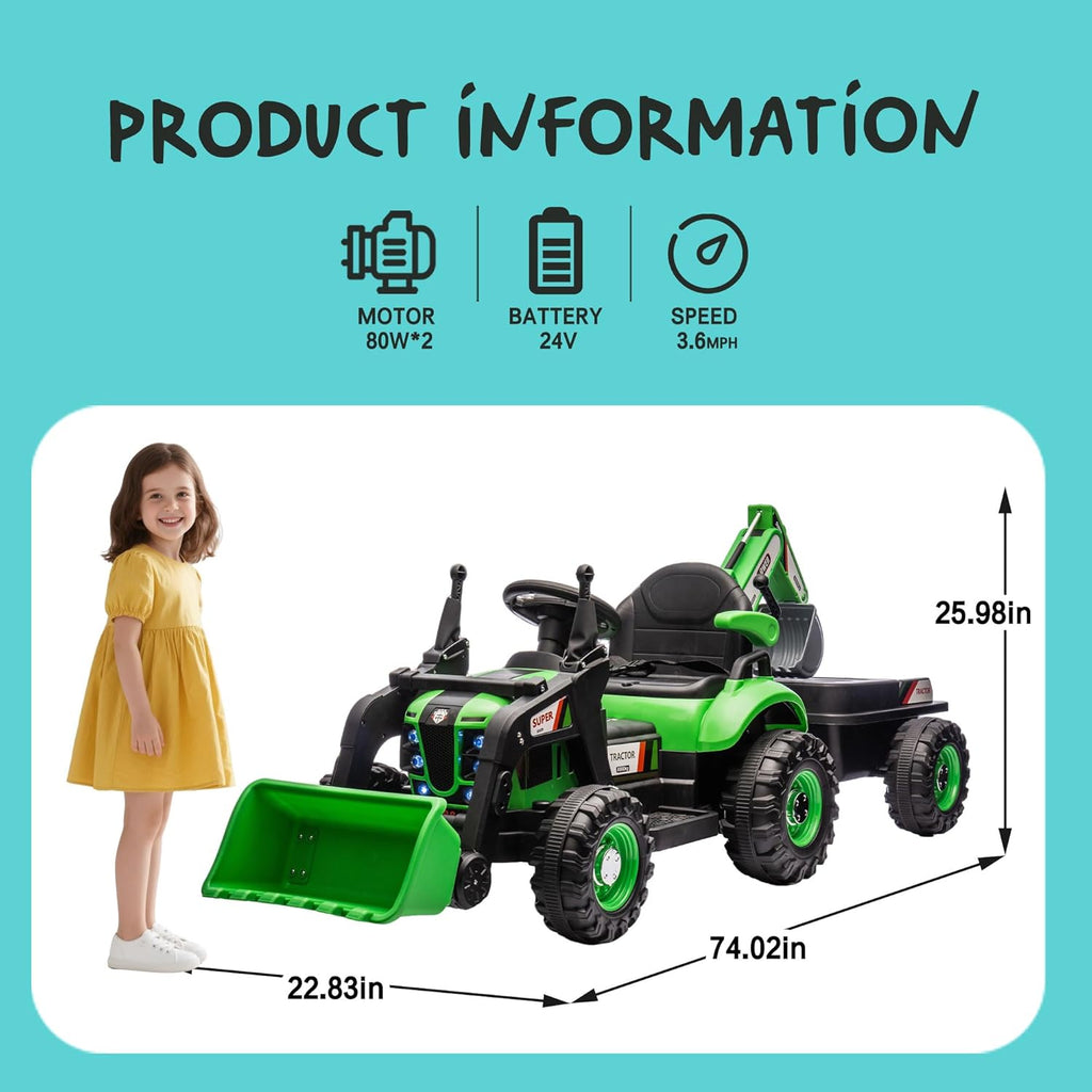 24V Ride on Excavator with 4-in-1 Construction Attachments (Excavator, Dump Truck & Bulldozer), Ride on Tractor