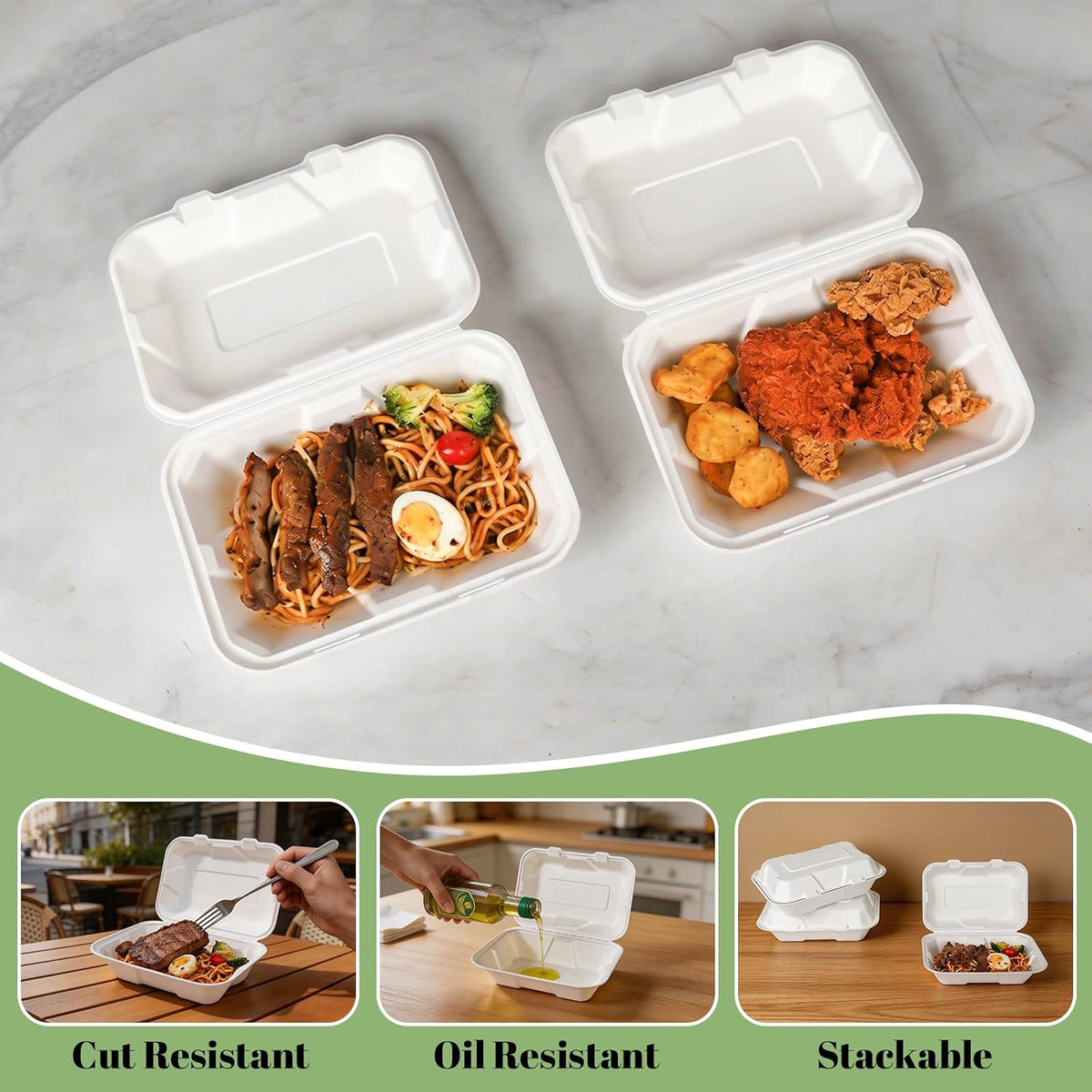 100 Pack 9×6 Inch White Compostable Bagasse Takeout Food Containers