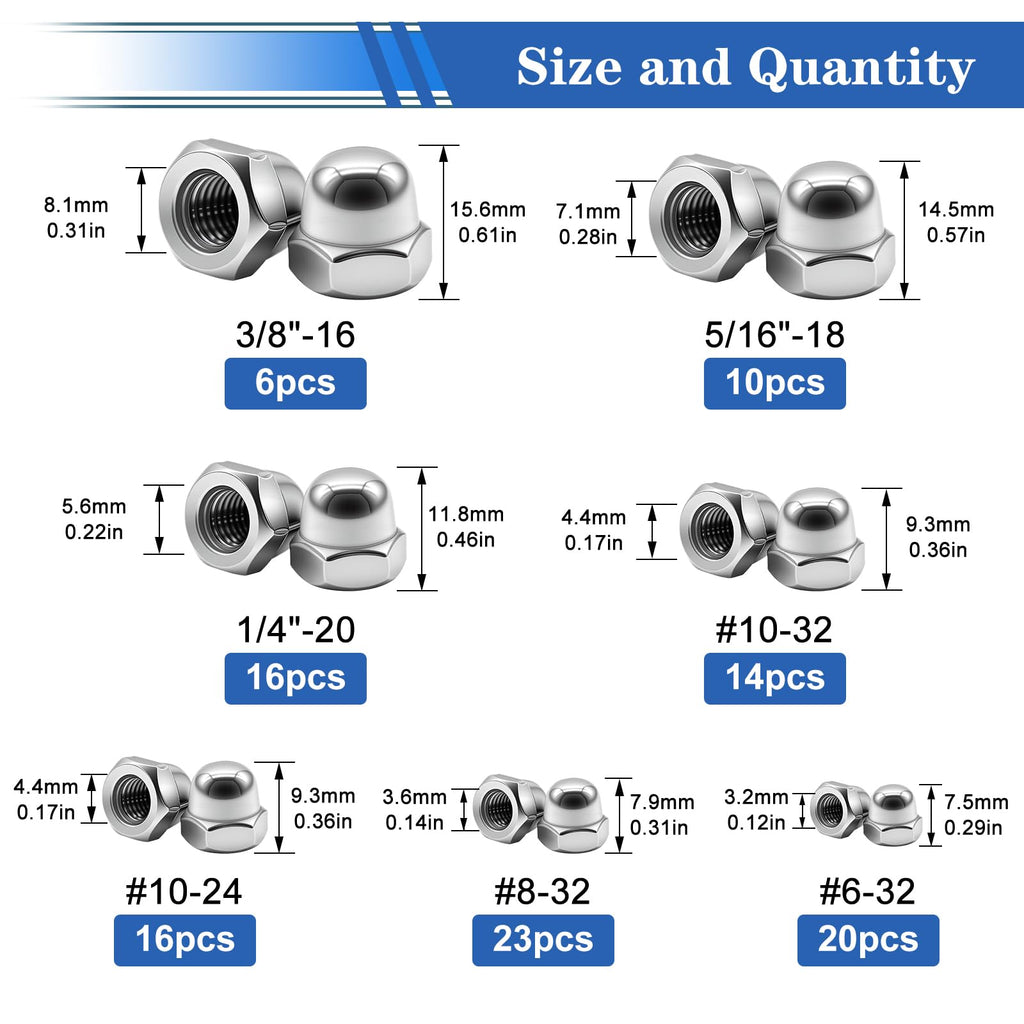 105Pcs 304 Stainless Steel SAE Acorn Nuts Assortment Kit