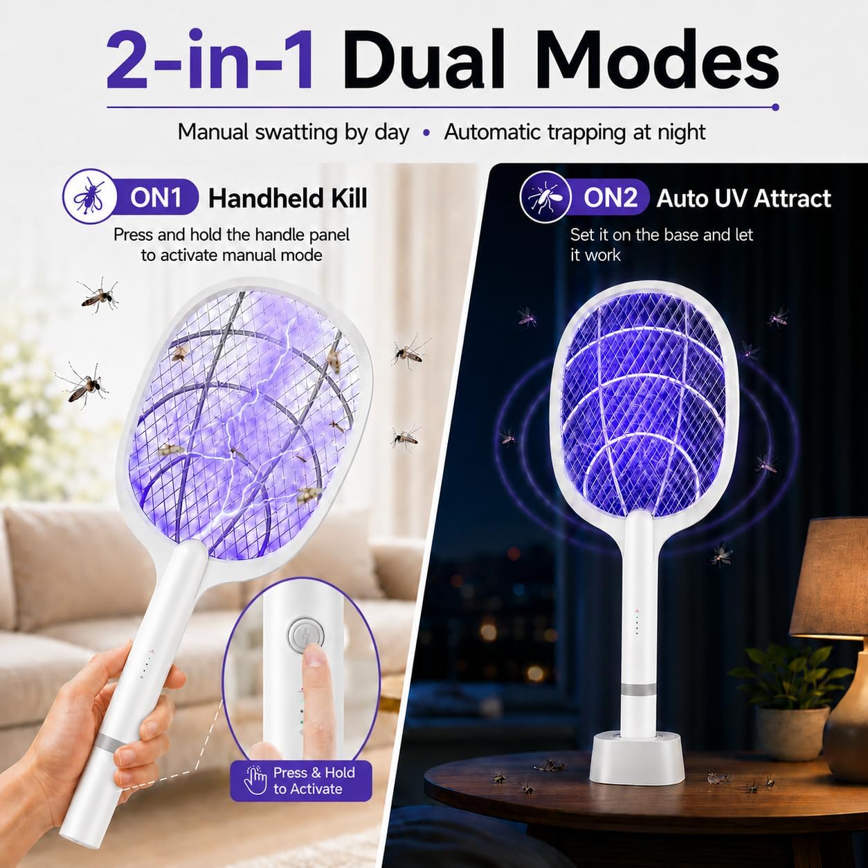 Electric Fly Swatter 5000V, 2000mAh 2 in 1 Detachable Bug Zapper | ABS Body, Rechargeable Fly Swatter for Kitchen