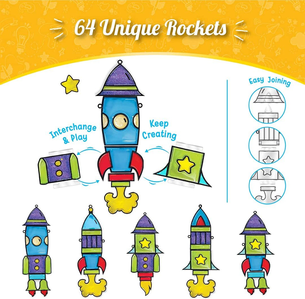 Window Art Rocket | Low Mess Suncatcher Kit | 16 Pieces Glass Painting Set | Kids Activities Ages 5-8 | DIY Craft Kit