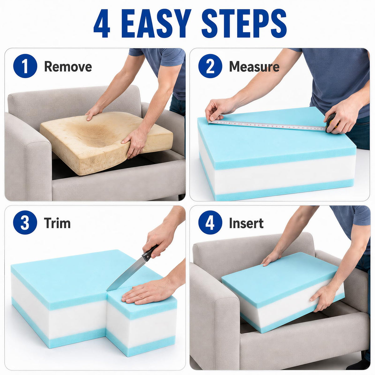 Couch Cushion Replacement, 24 x 24 x 6 in, 3-Layer High-Density Memory Foam Insert for Sofa, Chair and Bench