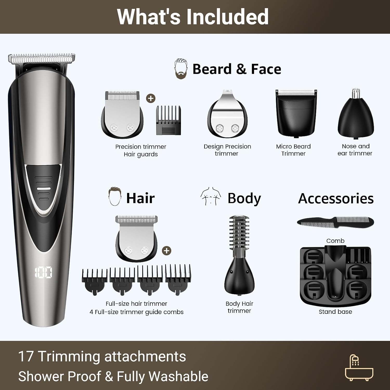 Rechargeable Beard Trimmer for Men: 𝟏𝟐-in-1 Grooming Kit | 𝐏𝐫𝐨fessional Barber Hair Clippers with 6 Detachable Heads