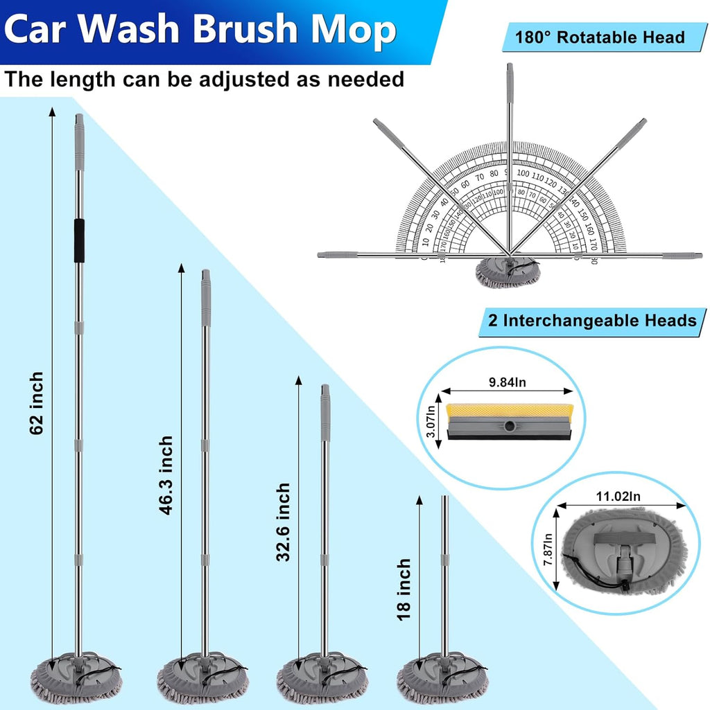 Car Wash Kit, 62'' Car Washing Brush with Long Handle, Extendable Car Wash Brush Mop with 2-in-1 Windshield Squeegee