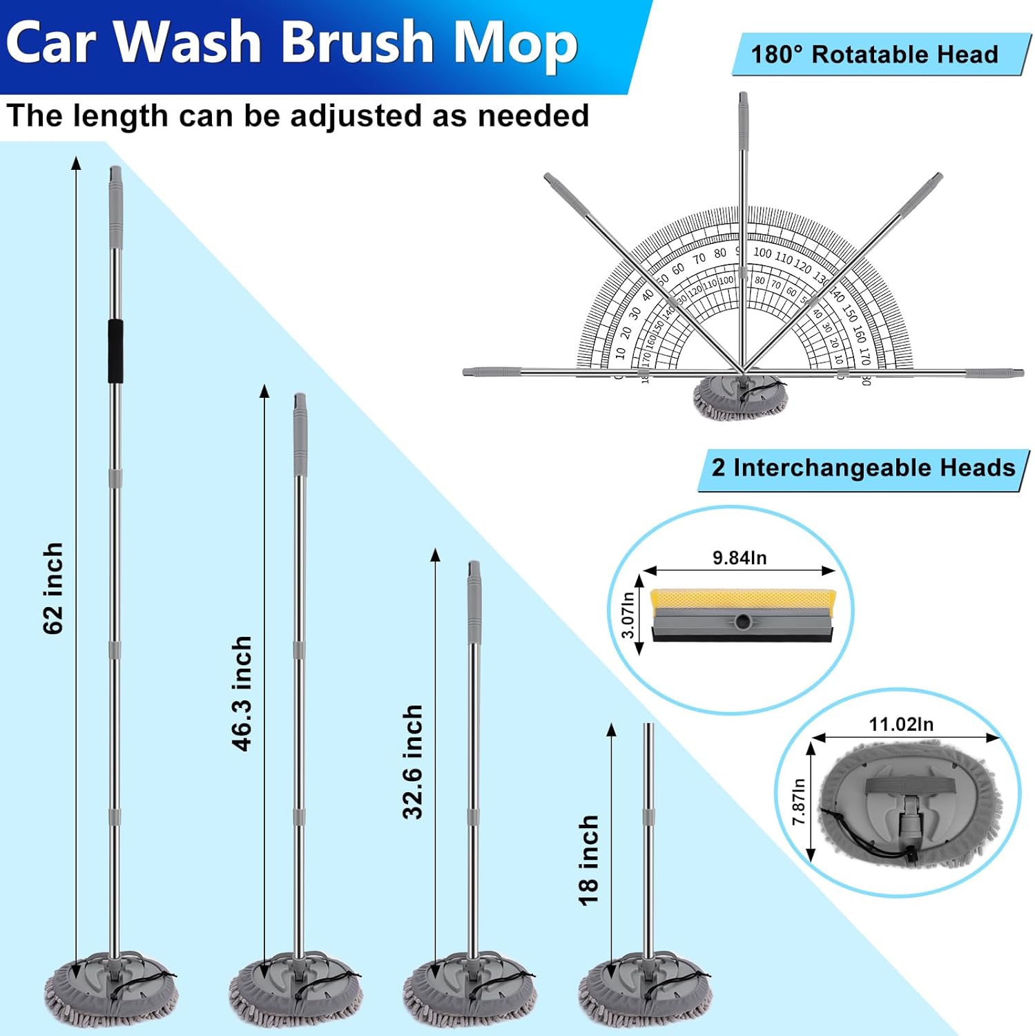 Car Wash Kit, 62'' Car Washing Brush with Long Handle, Extendable Car Wash Brush Mop with 2-in-1 Windshield Squeegee