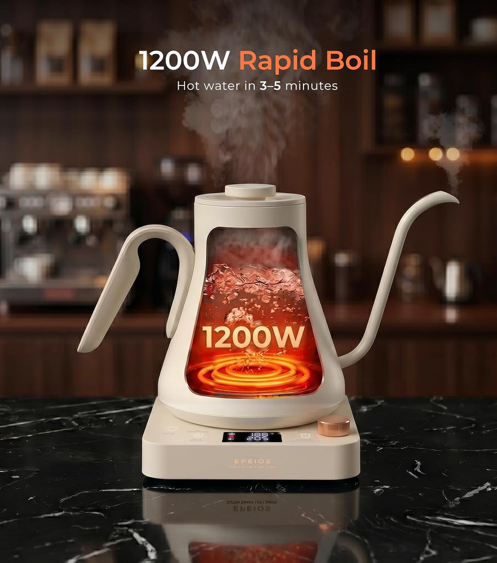 Gooseneck Electric Kettle With Temp Control,1200W,0.9L,Cream White | Rapid Heating, Precision Pour-Over for Coffee &