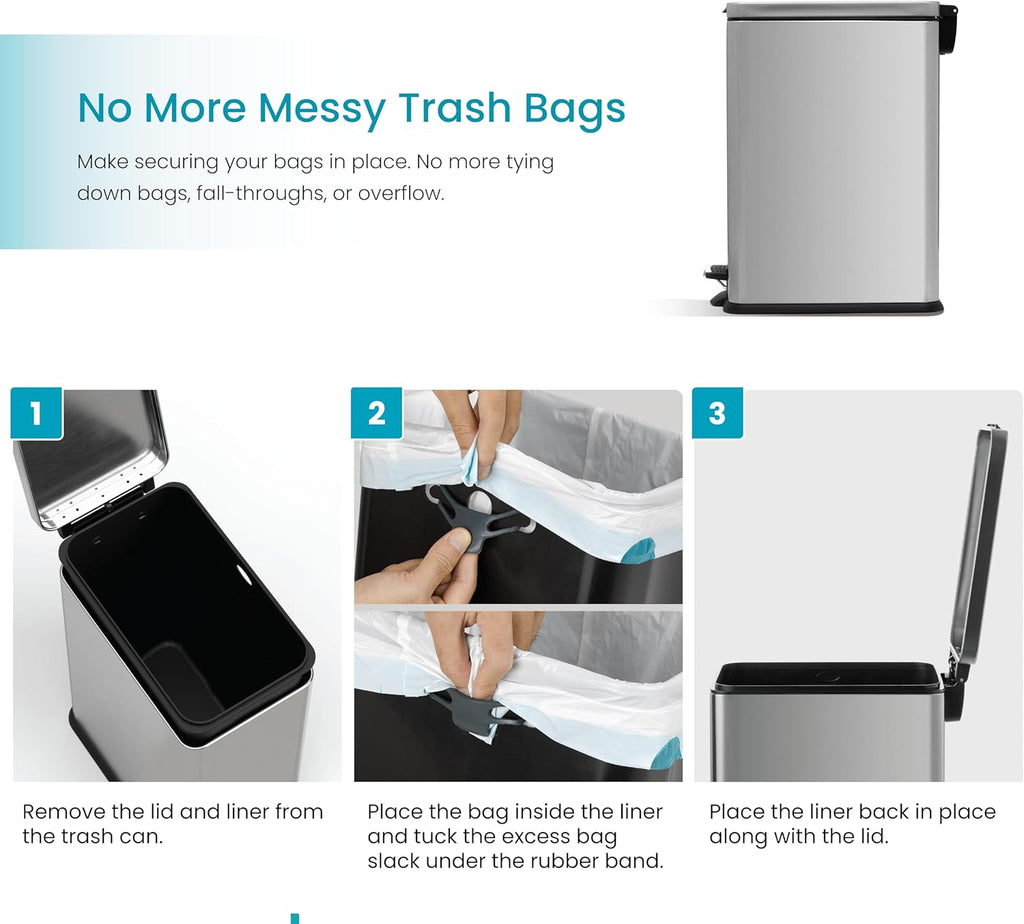 4 Gallon Stainless Steel Slim Kitchen Trash Can | Stainless Steel with Soft-Close Step Pedal Lid, Bag Tuck Band for