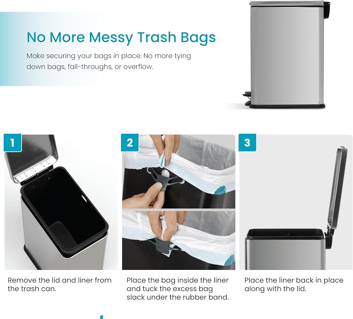 4 Gallon Stainless Steel Slim Kitchen Trash Can | Stainless Steel with Soft-Close Step Pedal Lid, Bag Tuck Band for