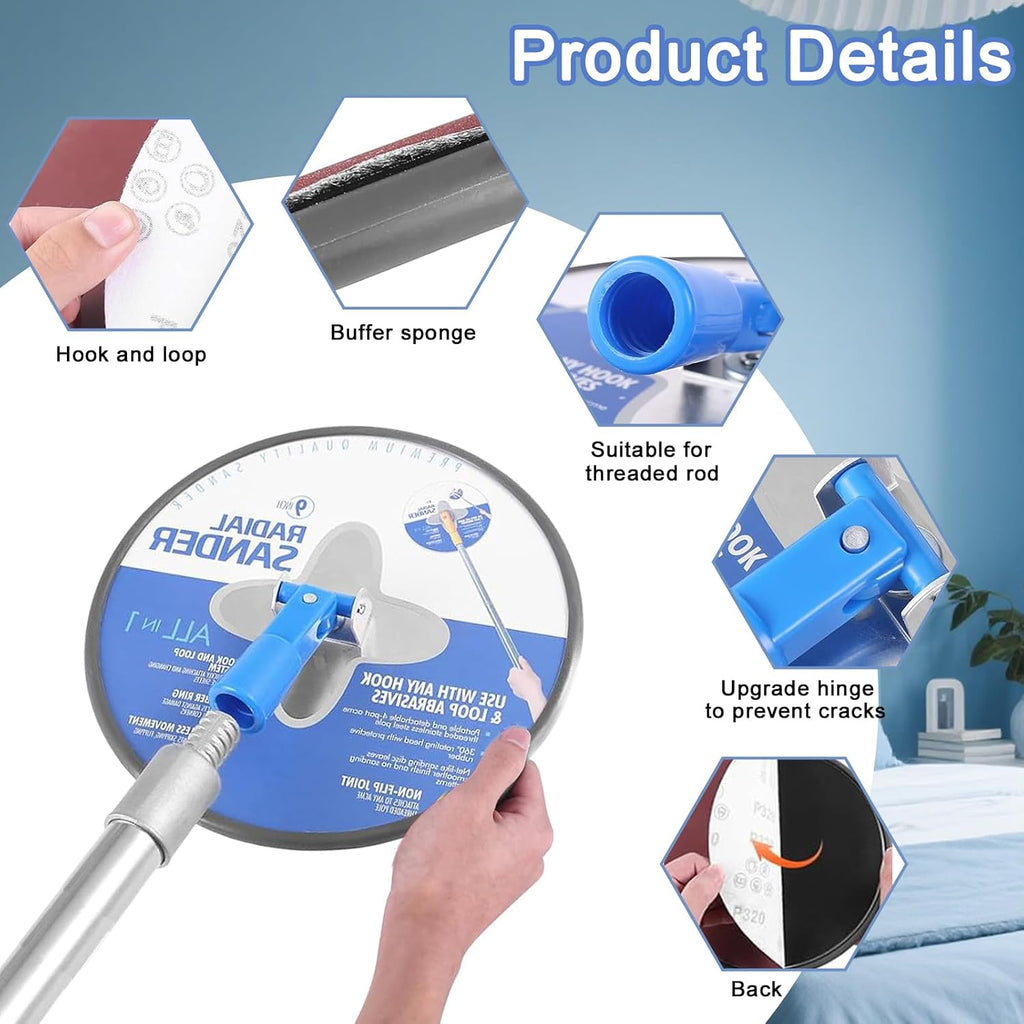 Drywall Pole Sander, 9 Inch Radial Sander with Adjustable Extension Pole, 360°Rotatable Round Circular Hand Sanding