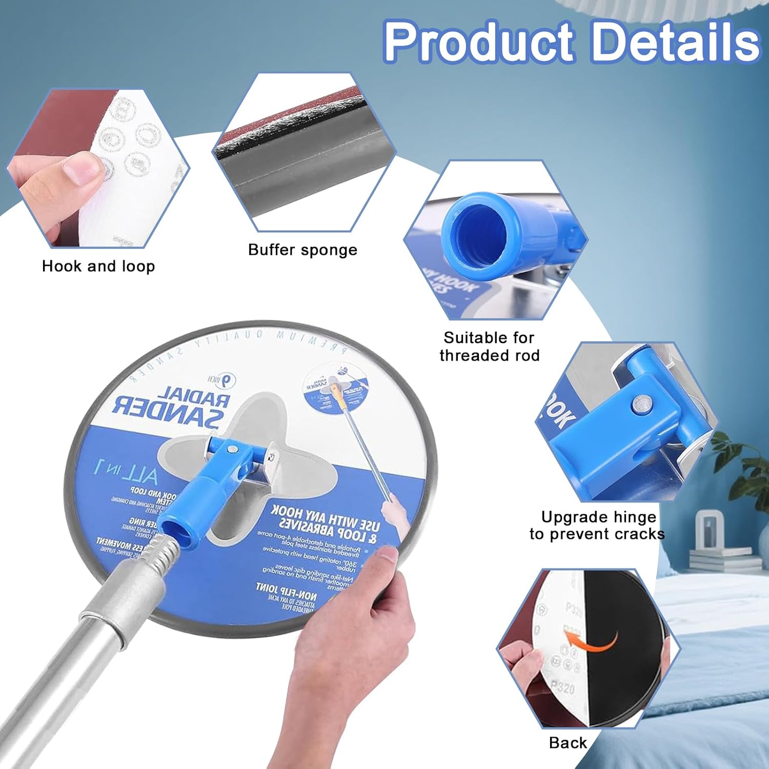 Drywall Pole Sander, 9 Inch Radial Sander with Adjustable Extension Pole, 360°Rotatable Round Circular Hand Sanding