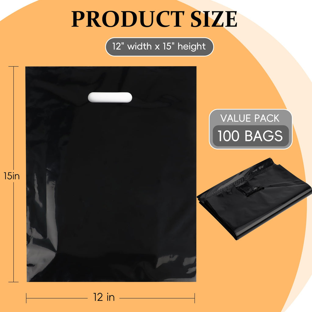 100-Pack Black Plastic Shopping Bags with Handles, 12x15 In Gift Bag