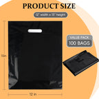 100-Pack Black Plastic Shopping Bags with Handles, 12x15 In Gift Bag