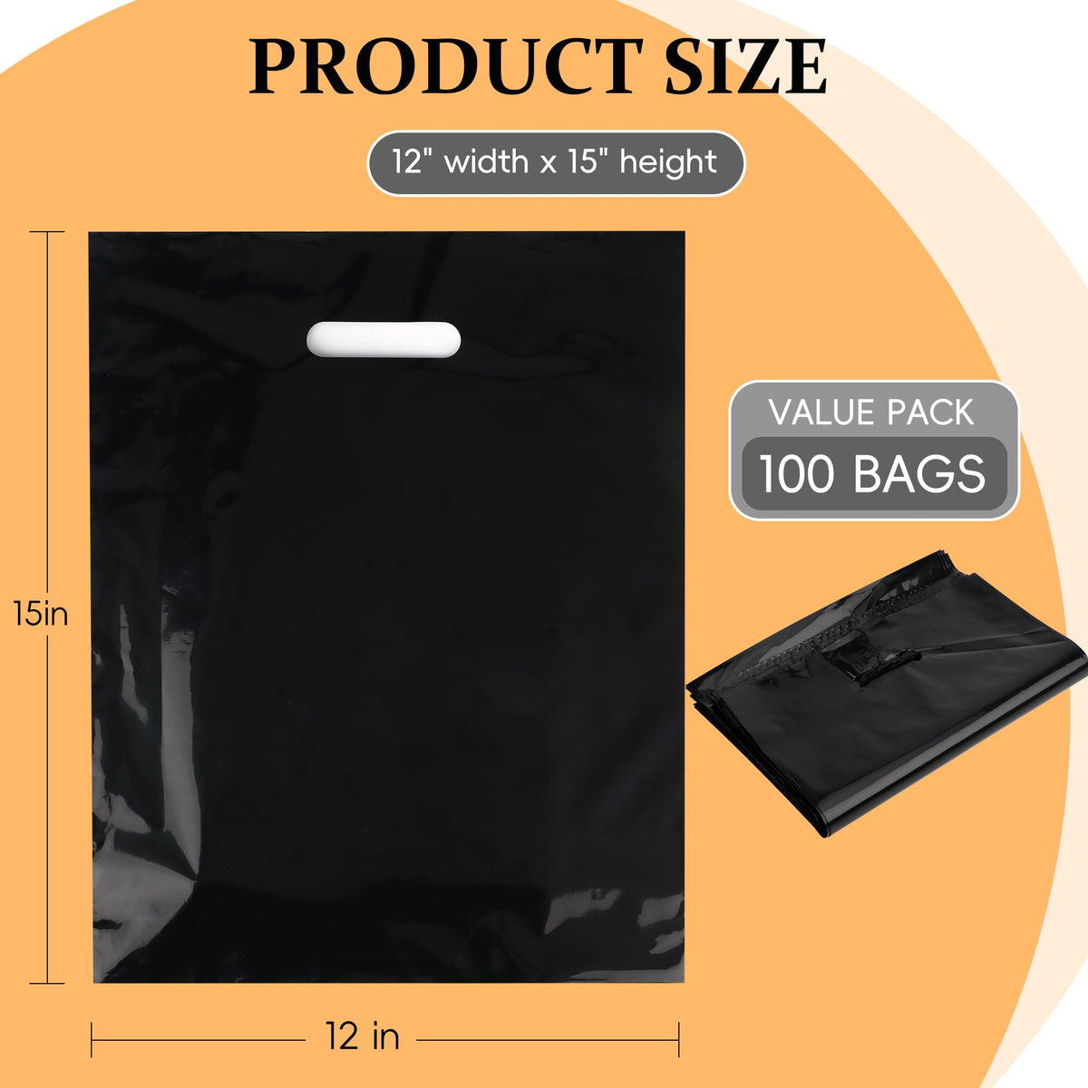 100-Pack Black Plastic Shopping Bags with Handles, 12x15 In Gift Bag