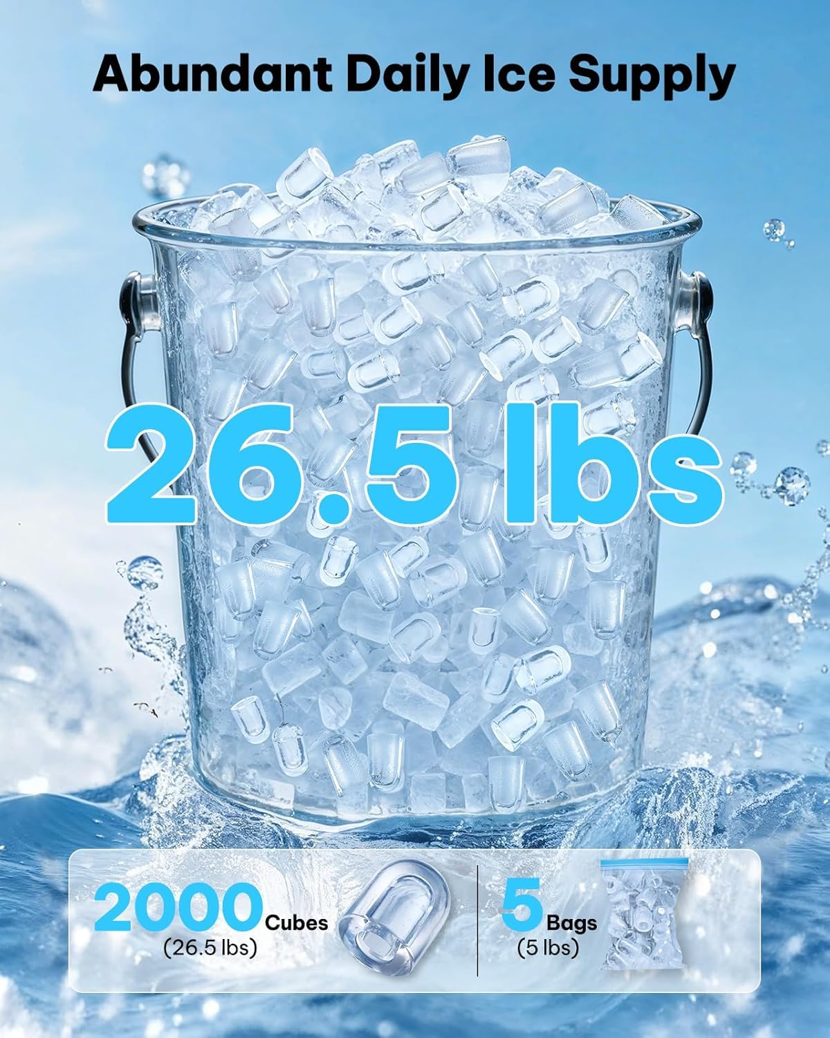 Ice Maker Countertop, 8 Cubes in 6 Mins, 26.5lbs/24H, Self-Cleaning