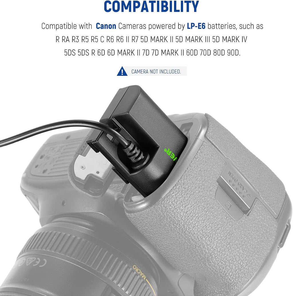 Dummy Battery Replacement for LP-E6 LP-E6N LP-E6NH with DC Coupler and AC Power Adapter Compatible with Canon EOS R