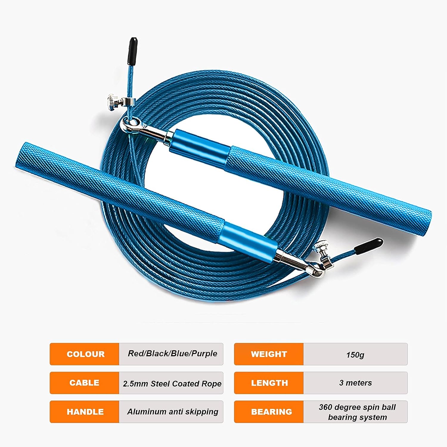 Speed Jump Rope - 360° Swivel Ball Bearing - Adjustable steel coated rope-Aluminum Anti Skipping Handle -Fitness