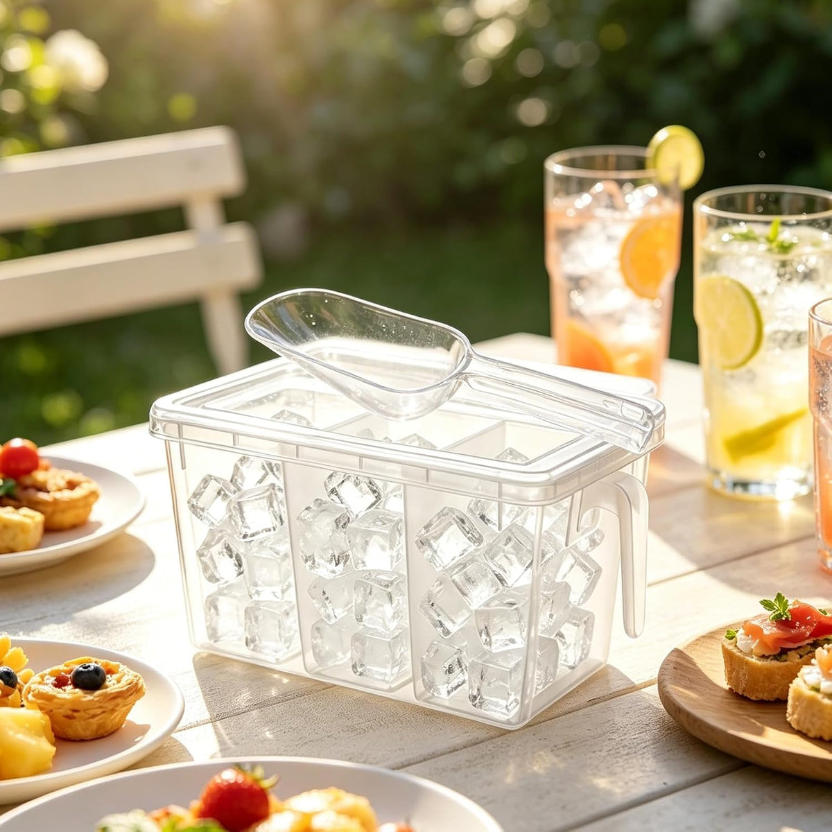 2 Set 3 Divided Ice Bin for Freezer with Lid and 2 Scoop Set Plastic Freezer Ice Bin with Pull-Out Handle Clear