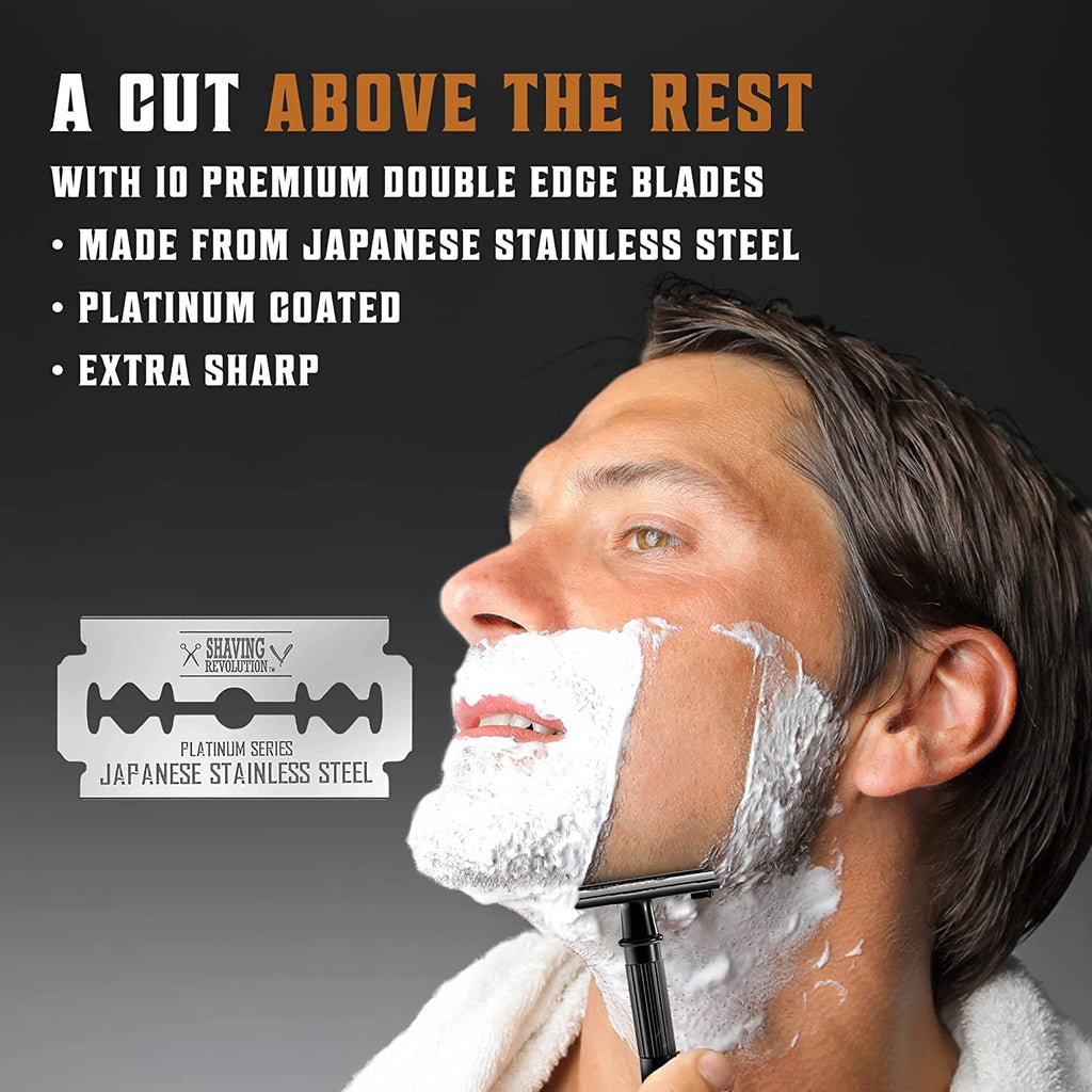 Long Handle Double Edge Safety Razor - 12 Piece Set | Butterfly Open Design - Includes 10 Stainless Steel Blades