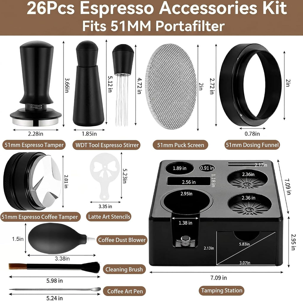 51mm Espresso Accessories Kit – 26PCS Tamping Station, Tamper, WDT Tool, Distributor, Dosing Funnel, Puck Screen, Air