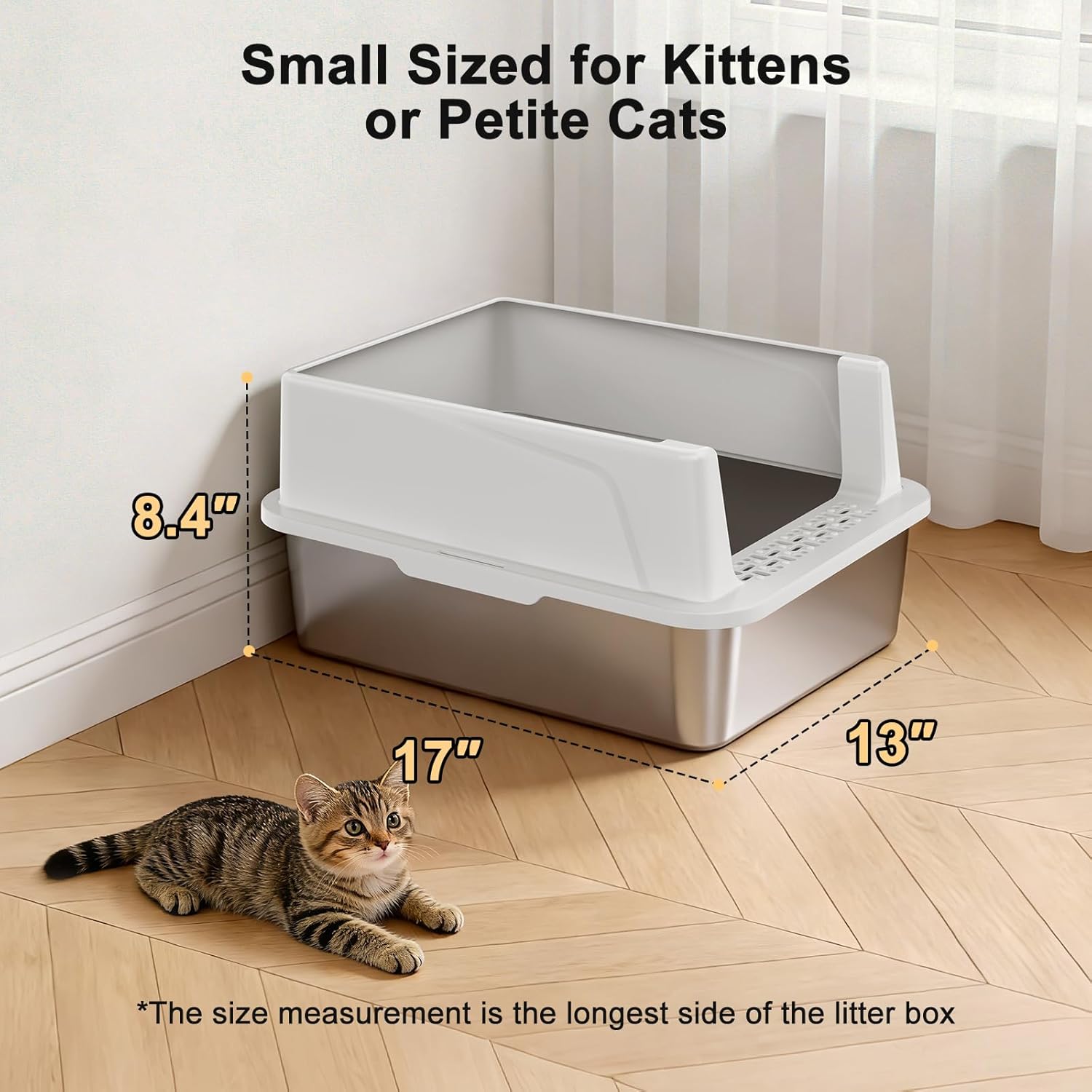 Stainless Steel Cat Litter Box, Easy-Clean High-Sided Metal Litter Box, Open-Top Litter Pan for Small Cats, Includes