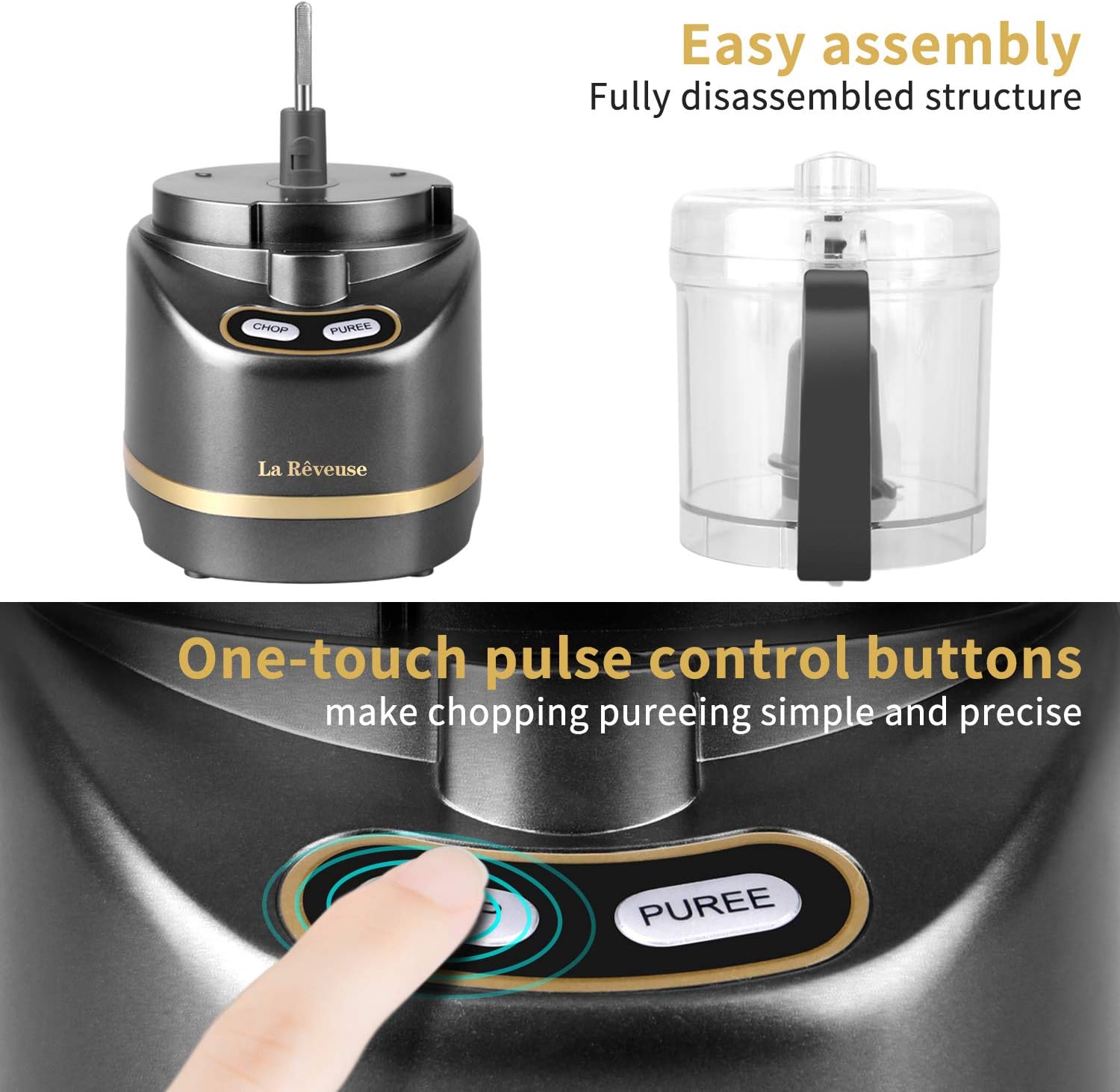 2 Cup Mini Food Processor, Electric Chopper Small, Metallic Grey | for Mincing, Chopping, Grinding, Blending, Puree