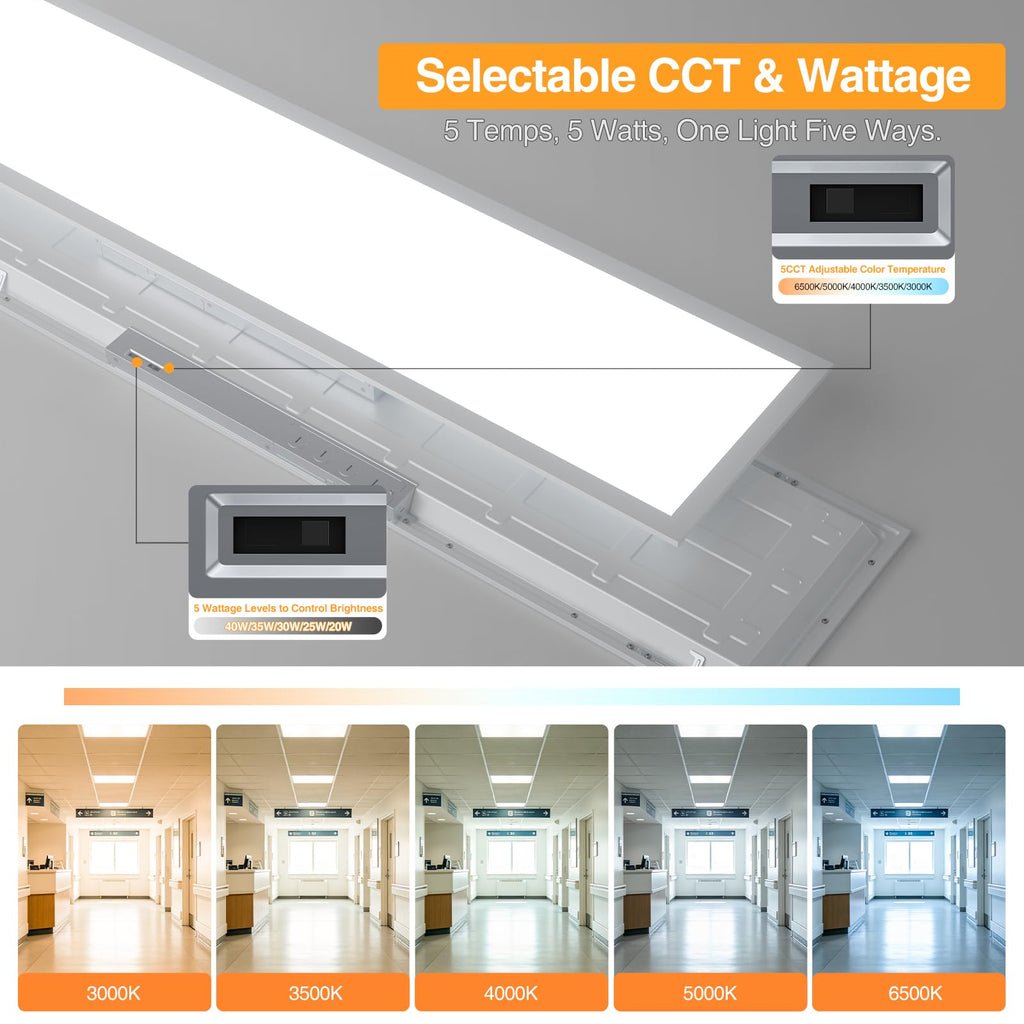1x4 LED Flat Panel Light,Selectable 5CCT,0-10V Dimmable,5200LM,2Pack