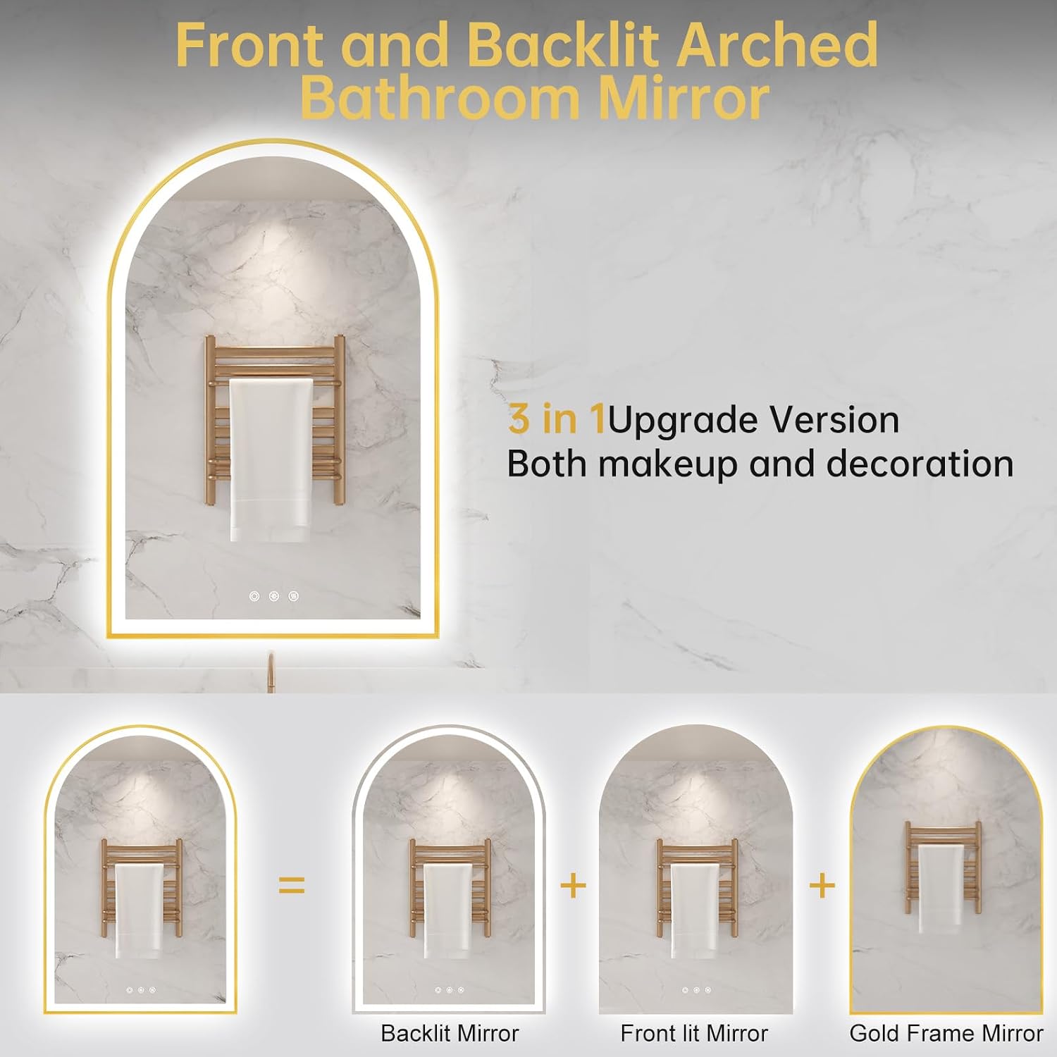 24"x36" Arched LED Lighted Bathroom Mirror with Lights | Gold Aluminum Frame, Fogless, Dimmable, Shatterproof, Touch