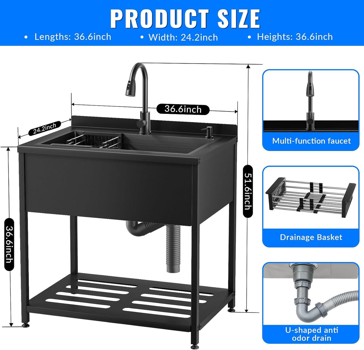 Stainless Steel Utility Sink, 36.6" × 24.2" × 36.6" Freestanding Sink with Cold and Hot Water Faucet, Hoses and Drain