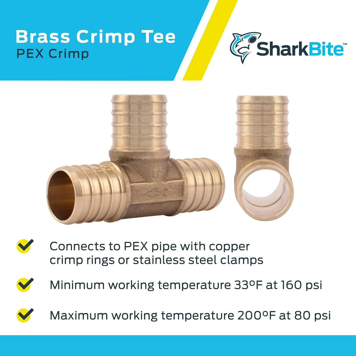 SharkBite 1 Inch Crimp Tee, Brass Plumbing Fitting, PEX Pipe, PE-RT, UC374LFA