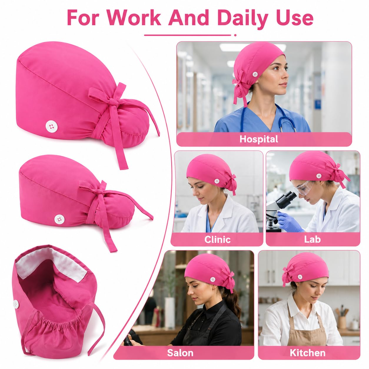 Scrub Cap for Women, Ponytail Pouch, 100% Cotton Surgical Hat, Sweatband, Adjustable Tie Back Nurse Working Cap