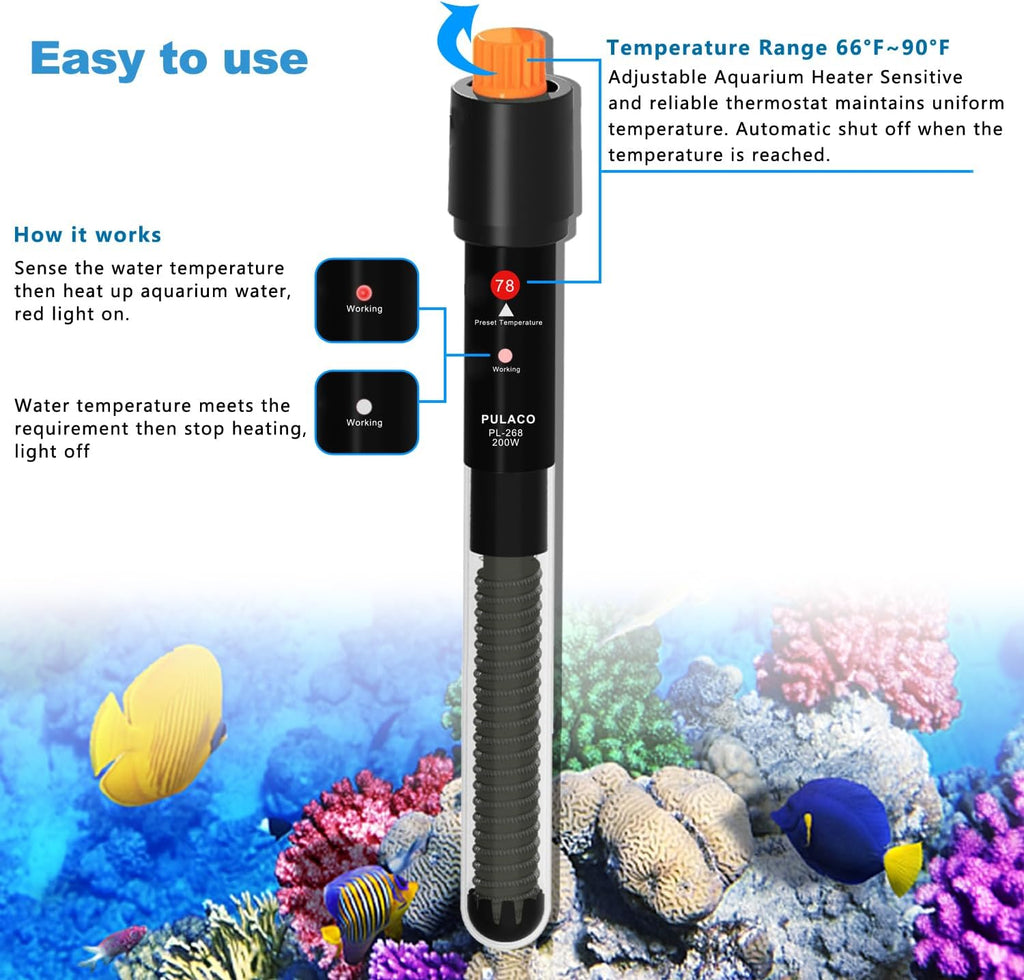 200Watt Aquarium Heater for 25-50 Gallon Fish Tank, Adjustable Submersible Heater Thermostat with Thermometer Strip