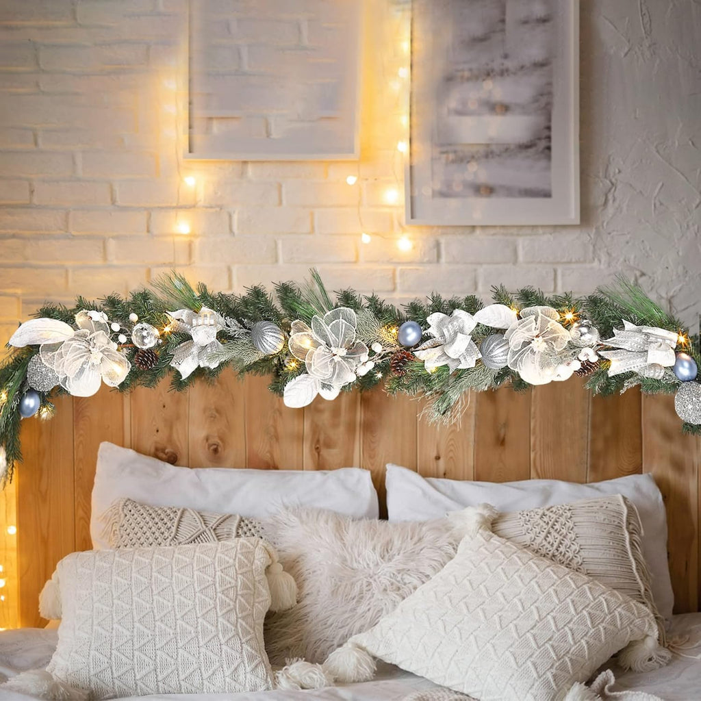 Pre-lit 6 feet Winter White Silver Christmas Garland Decor 20 LED Lights,Garland with Balls and Ribbon Bow,Xmas