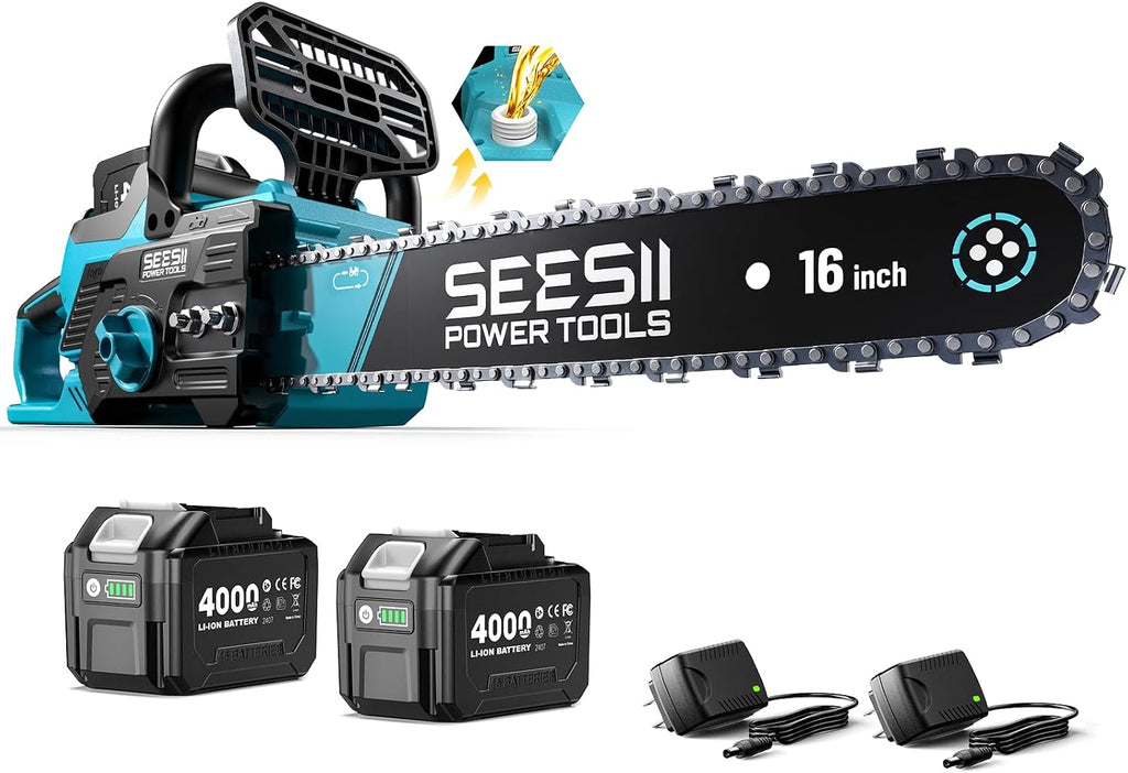 40V 16-Inch Cordless Electric Chainsaw,2000W Brushless Chain Saw | 2×40v 4000mAh Batteries & Chargers, Auto Oiler