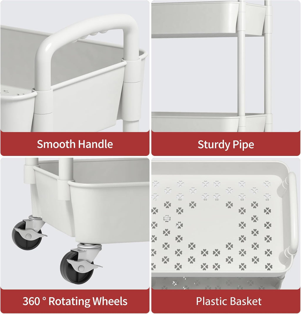 3-Tier Plastic Rolling Utility Cart with Wheels for Storage,White