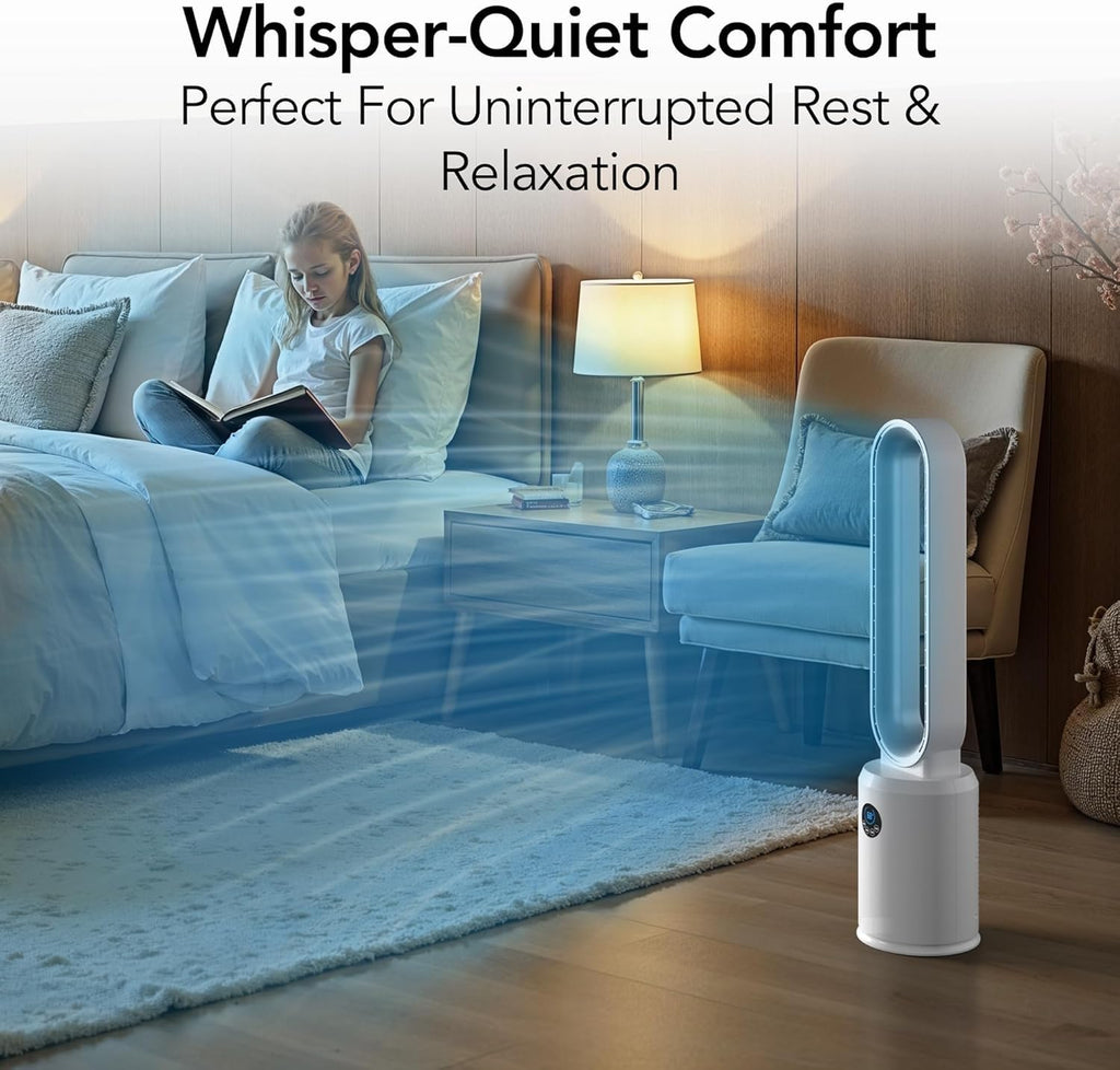 40" Bladeless Tower Fan for Bedroom with Remote Control, 9H Timer, Wide Area Oscillation, Push Button Digital