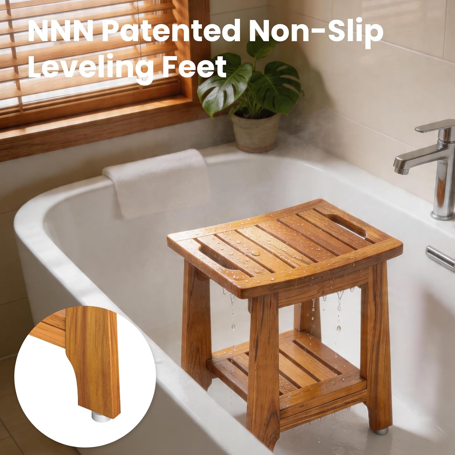 14" Compact Teak Shower Stool with Shelf & Handle - Waterproof, Non-Slip Bath Bench for Small Bathrooms/Tub/Outdoor