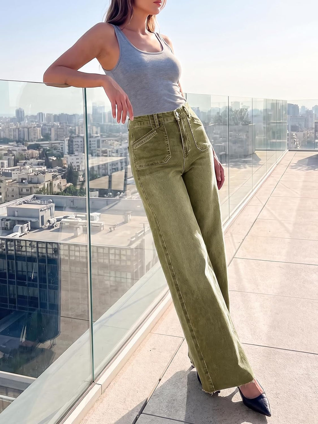 Womens Wide Leg High Waisted Jeans Stretchy Straight Denim Pants