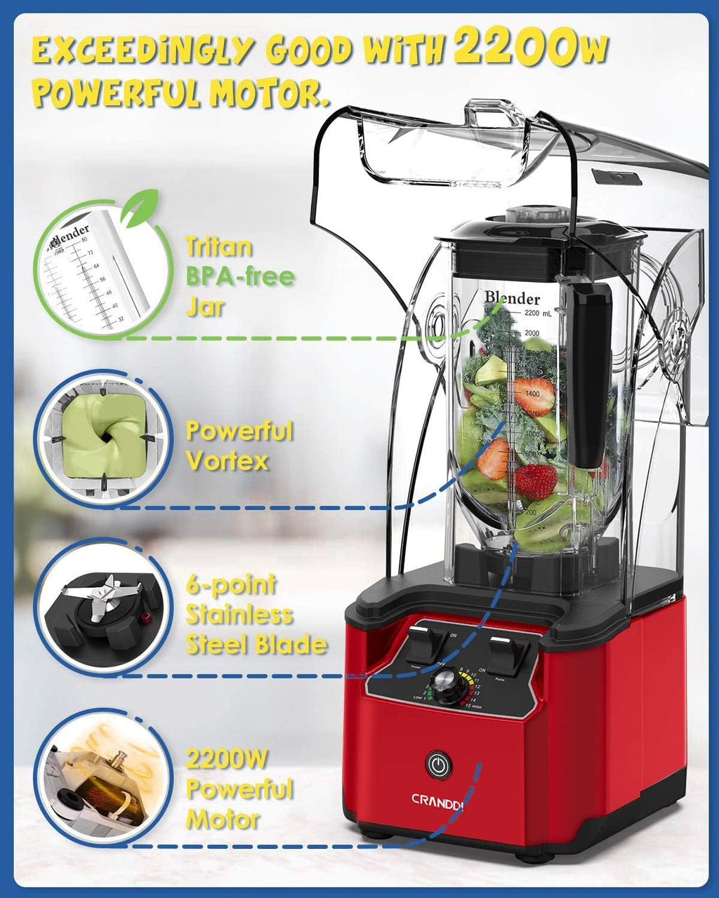 Quiet Commercial Blender with Soundproof Shield, 2200 Watt Professional Blenders for Kitchen with 80oz Pitcher and