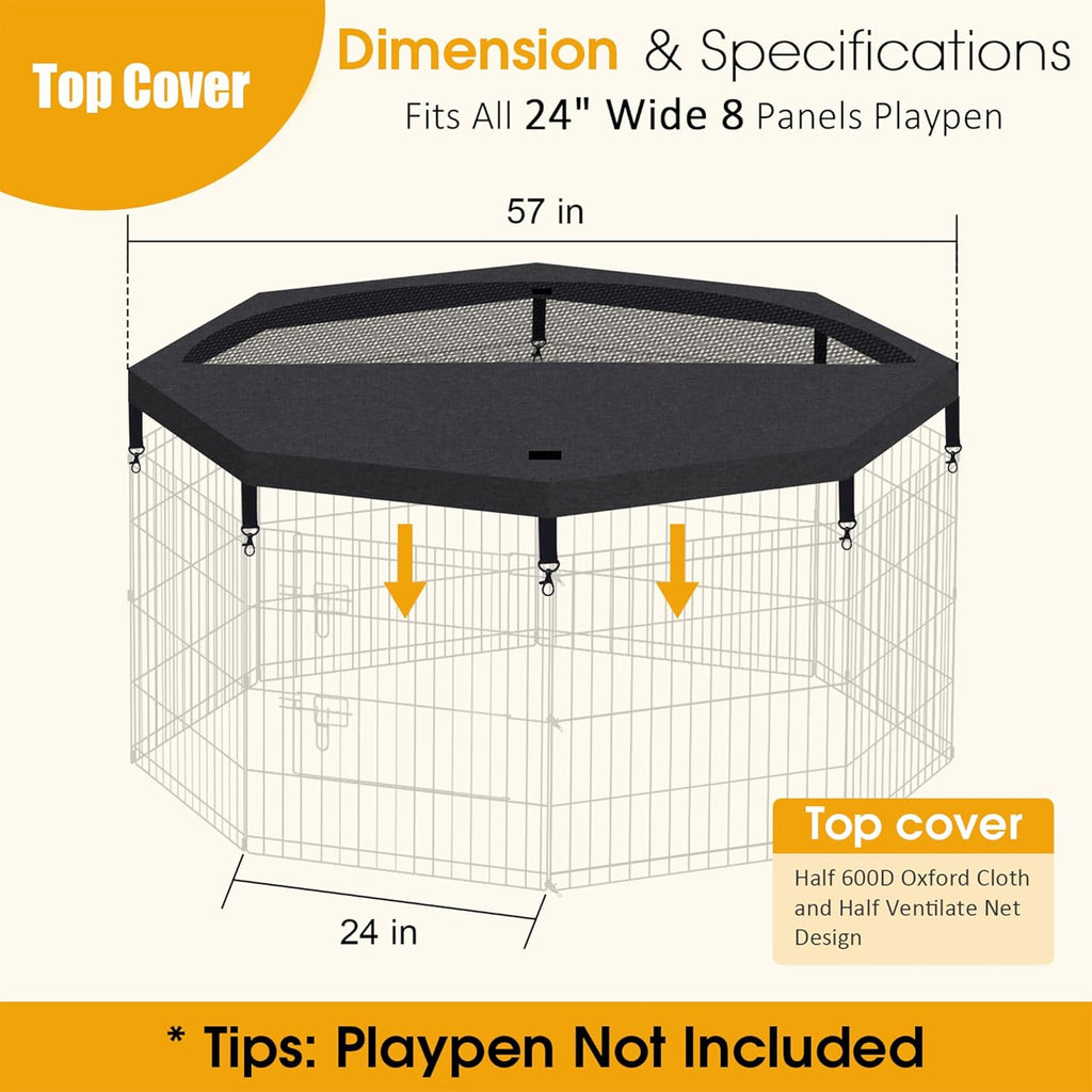 Dog Playpen Top Cover Only for 8 Panel 24 Inch Pet Playpen, Black Mesh Shade Cover for Small Medium Pets, Indoor