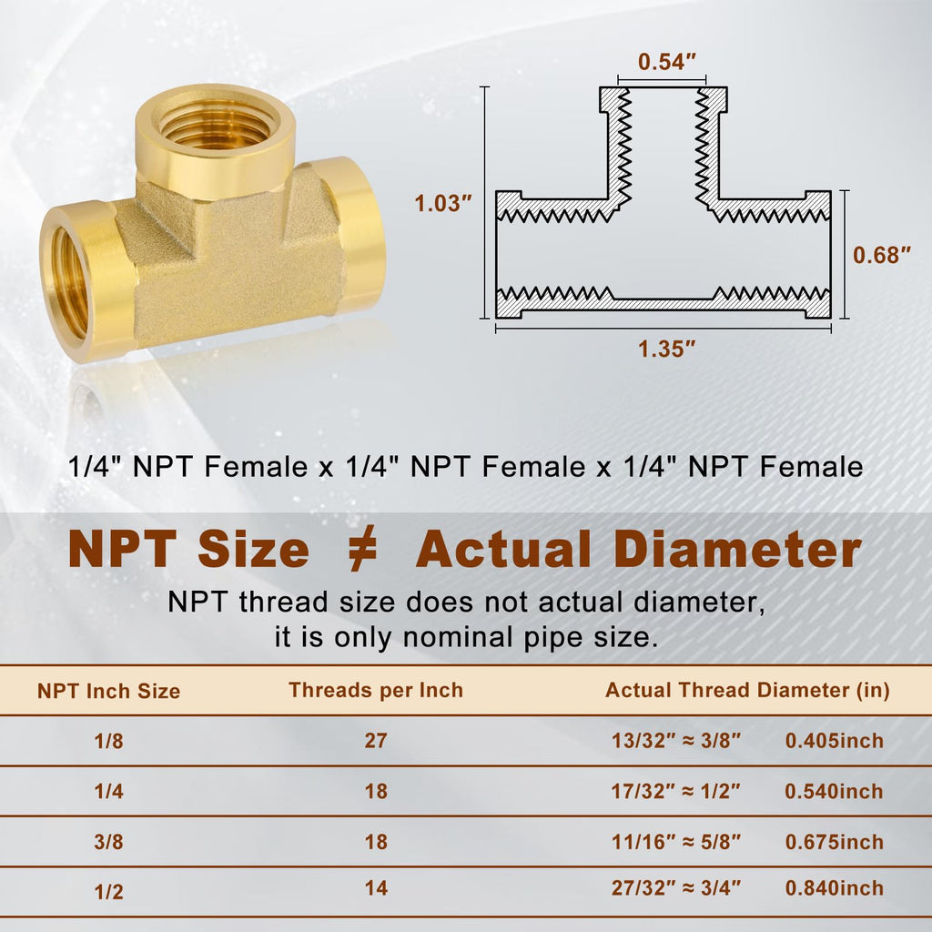 5PCS 1/4" NPT Female Brass Tee Fitting with Teflon Tape, 3-Way Pipe Fitting
