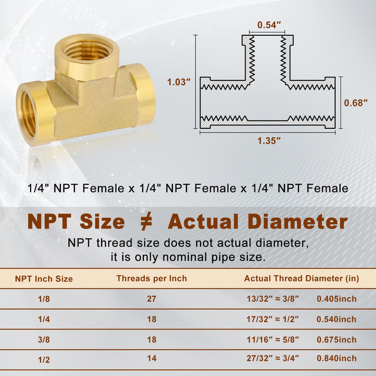 5PCS 1/4" NPT Female Brass Tee Fitting with Teflon Tape, 3-Way Pipe Fitting