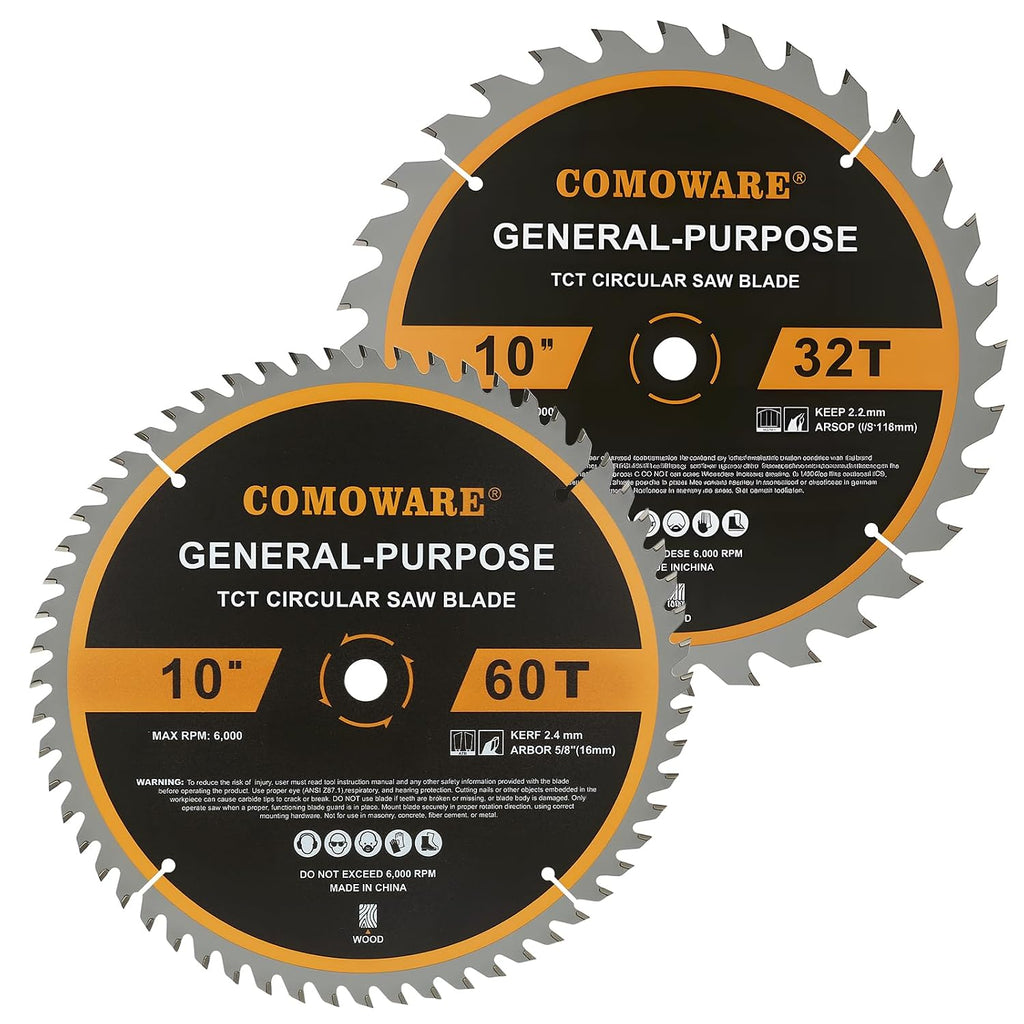 10 inch Miter Saws Blade, 32T & 60T ATB Circular Saw Blade, 5/8" Arbor, TCT Carbide-Tipped, Anti-Vibration, Teflon